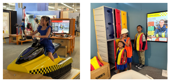 A collection of photos of kids enjoying a museum exhibit.