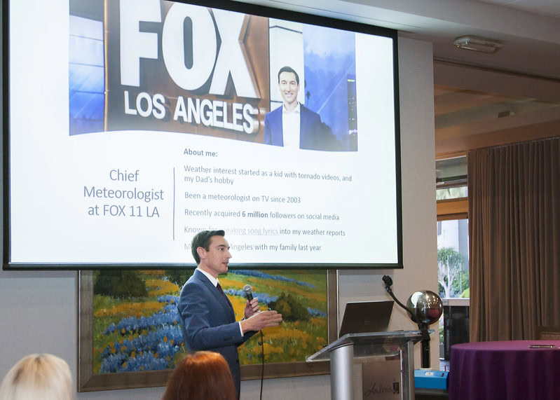 Chief Meteorologist at FOX 11LA speaking at an event.