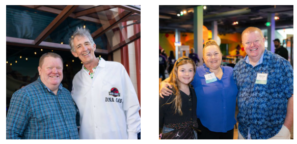 A two-photo collage of people taking photos with each other.