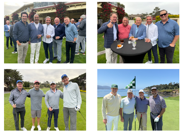 A collage of photos of people taking photos at a golf event.