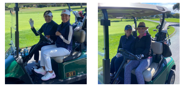 A two photo collage with people at a golf event.