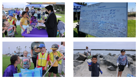 A collage of photos from a beach clean up event.