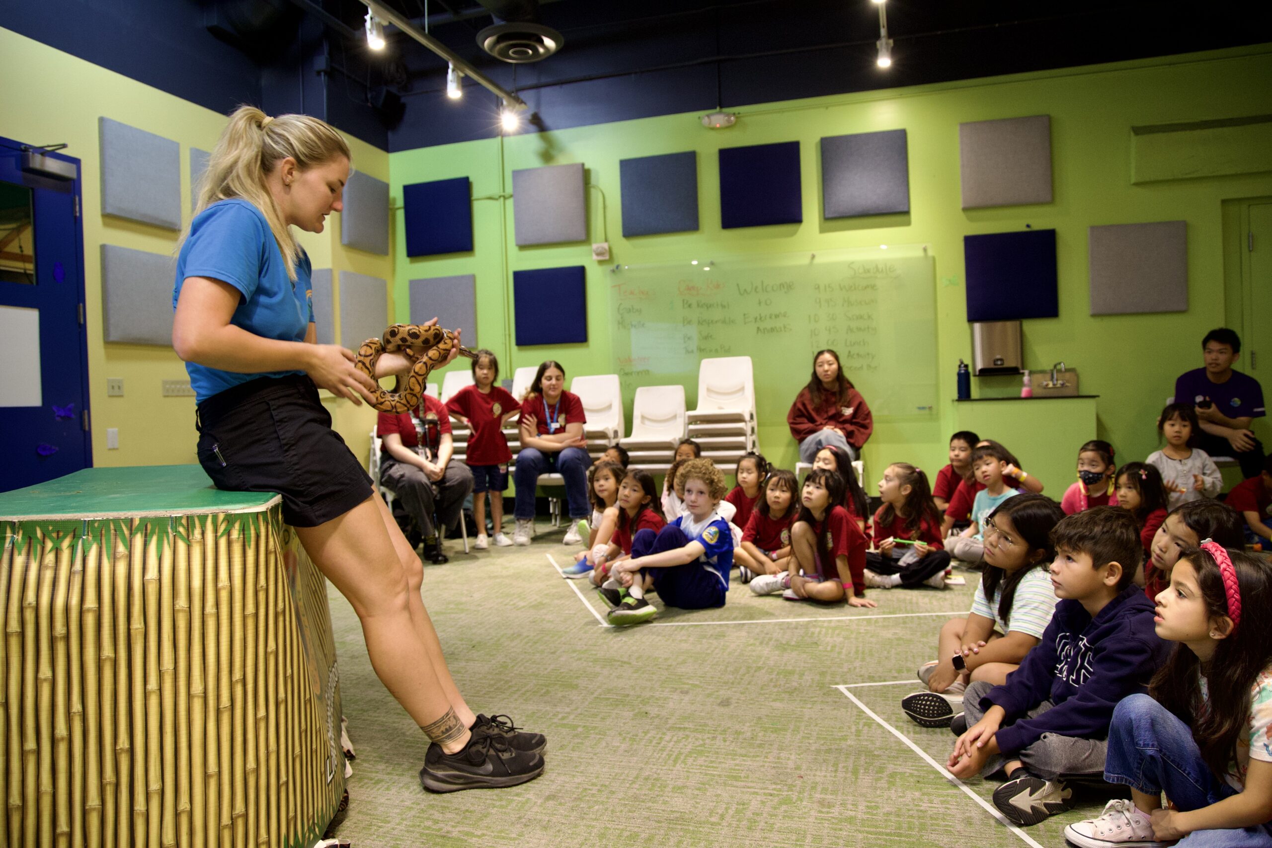 A teacher giving a lesson to students during a summer camp.