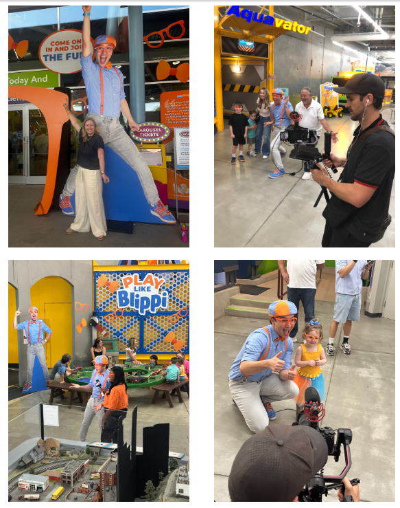 A collage of photos of the Blippi takeover event at Discovery Cube Los Angeles.