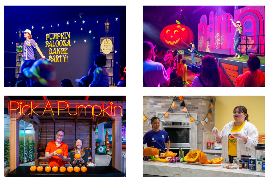 A collage of photos from the Pumpkin Palooza Member Preview at Discovery Cube Orange County.