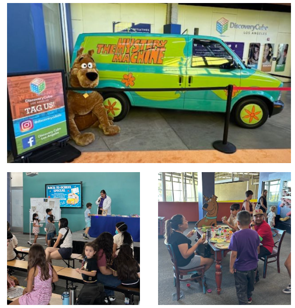 A collage of photos of Discovery Cube LA'sScooby-Doo!™ Mansion Mayhem exhibit. 